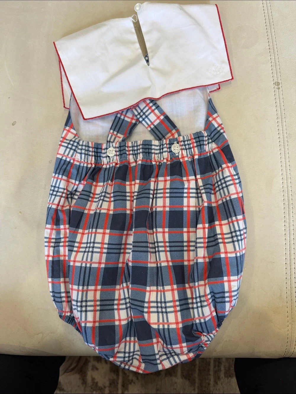DONDOLO Personalized “TOMAS” Navy & Red Plaid Baby Romper with White Bib